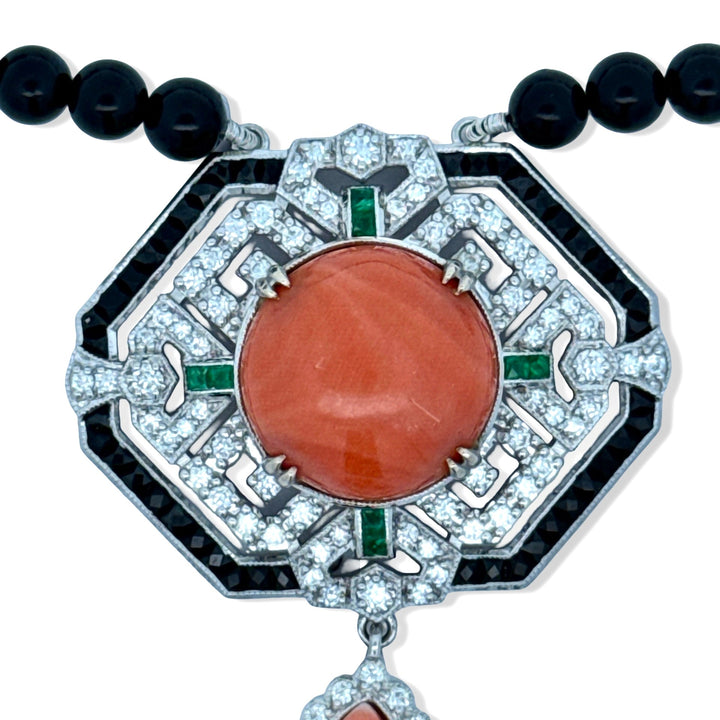Art Deco Style Coral Diamond Onyx Emerald 18k White Gold Necklace