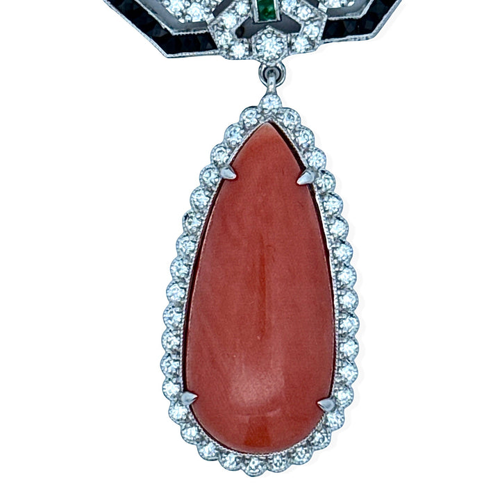 Coral Diamond Onyx Emerald 18k White Gold Necklace