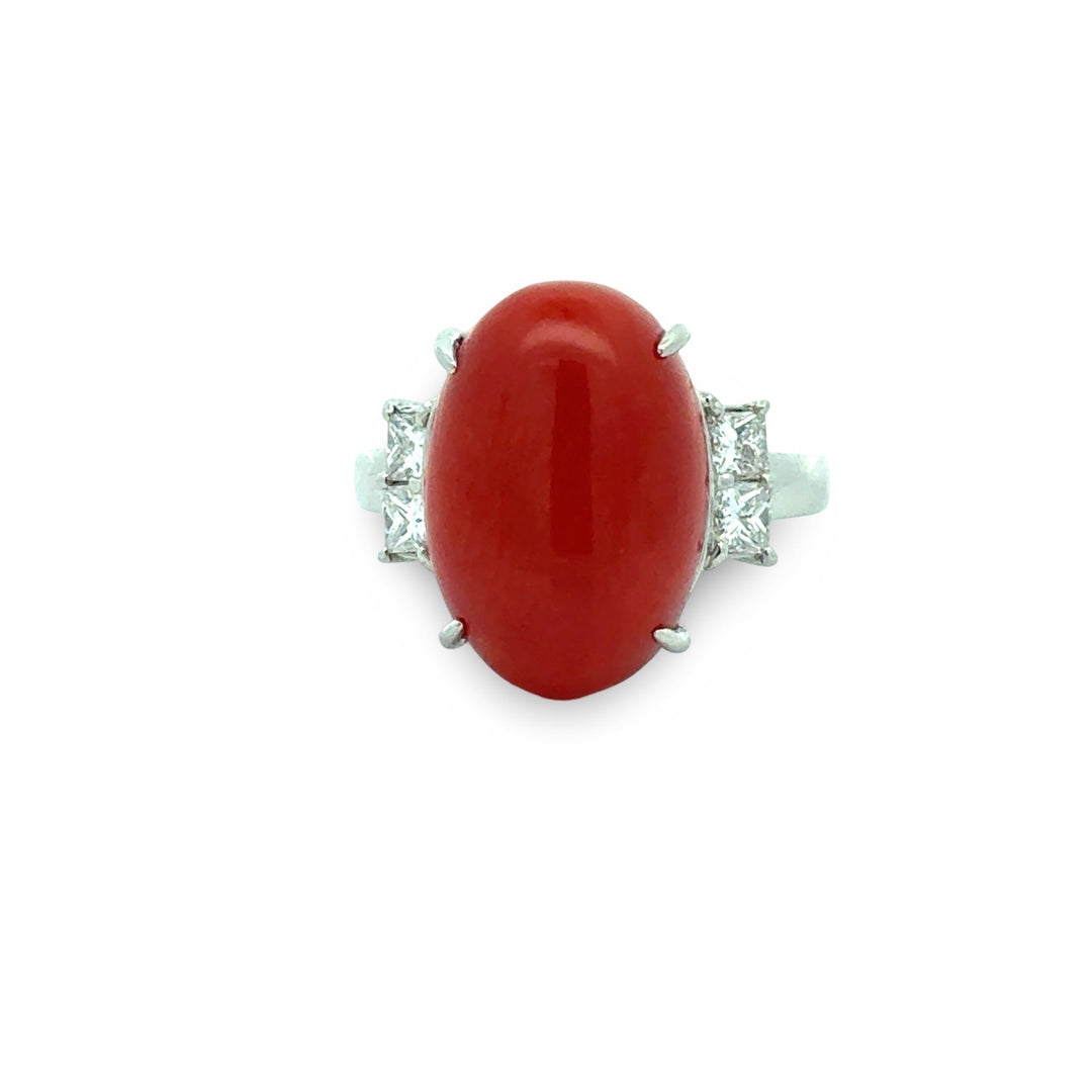 Natural Coral and Diamond Platinum Ring