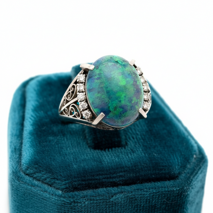 Black Opal and Diamond Platinum Ring