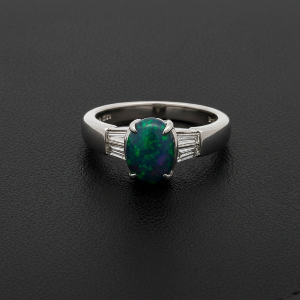 Fine Black Opal and Diamond Platinum Ring
