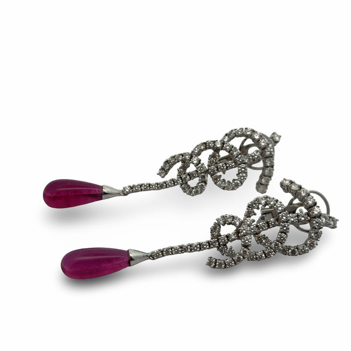 Designer Bergio Diamond and Rubellite 18kt White Gold Earrings