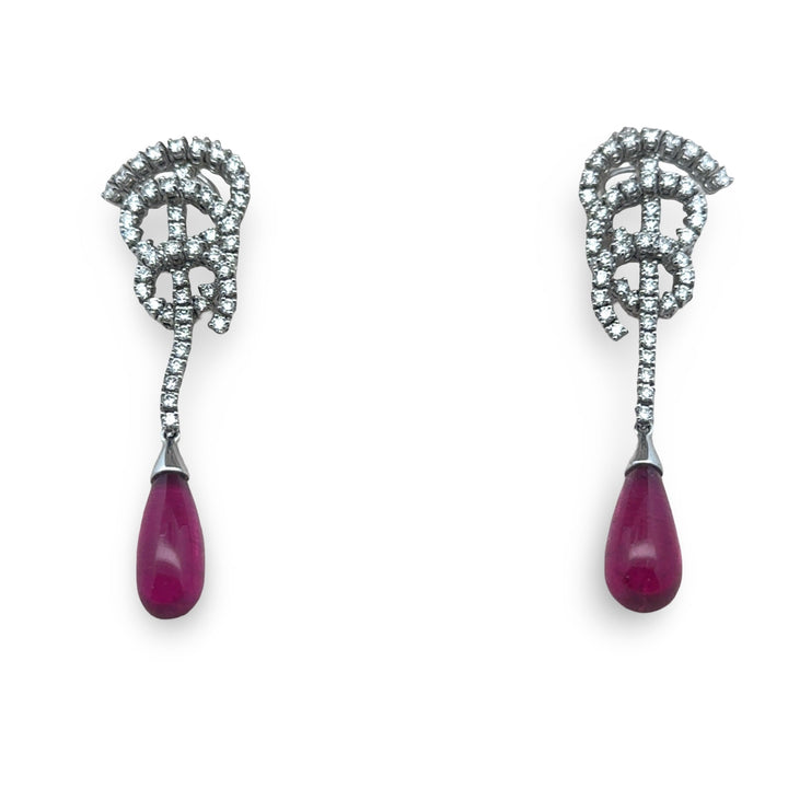 Designer Bergio Diamond and Rubellite 18kt White Gold Earrings