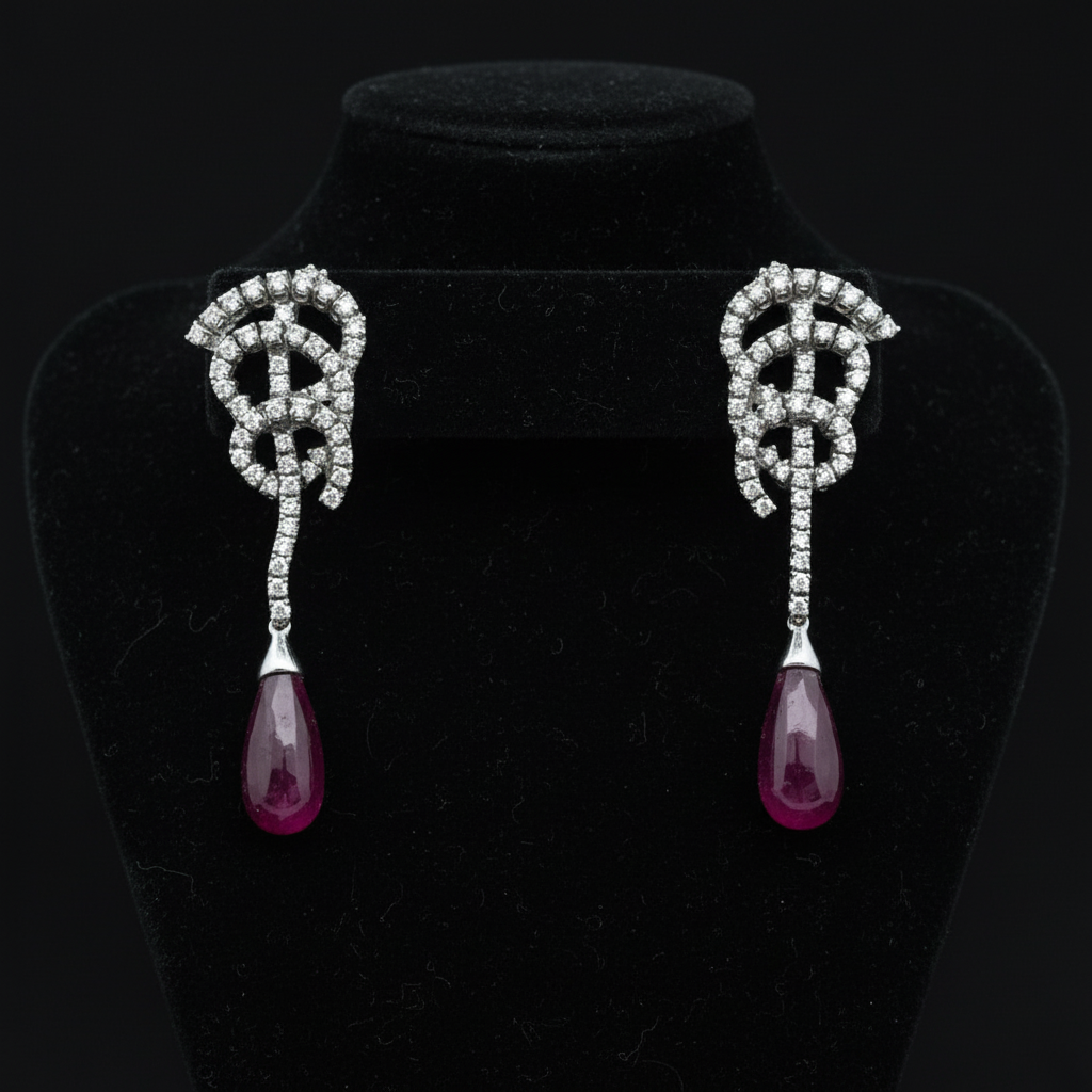 Designer Bergio Diamond and Rubellite 18kt White Gold Earrings