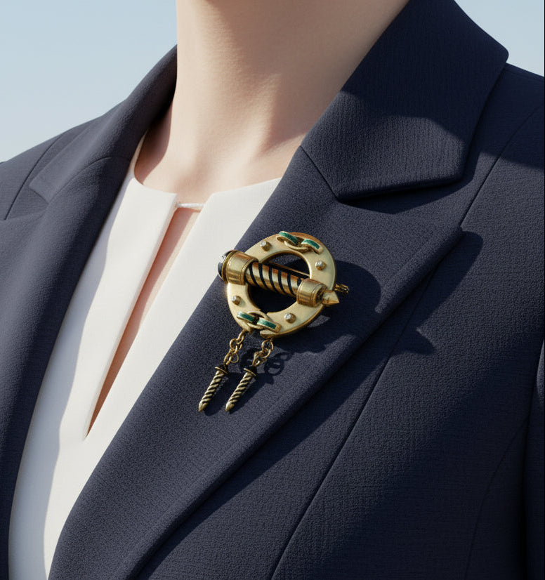 Italian Luxury Cruiser Diamond, Emerald and Black Enamel Porthole 18kt Yellow Gold Brooch