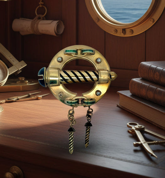 Italian Luxury Cruiser Diamond, Emerald and Black Enamel Porthole 18kt Yellow Gold Brooch