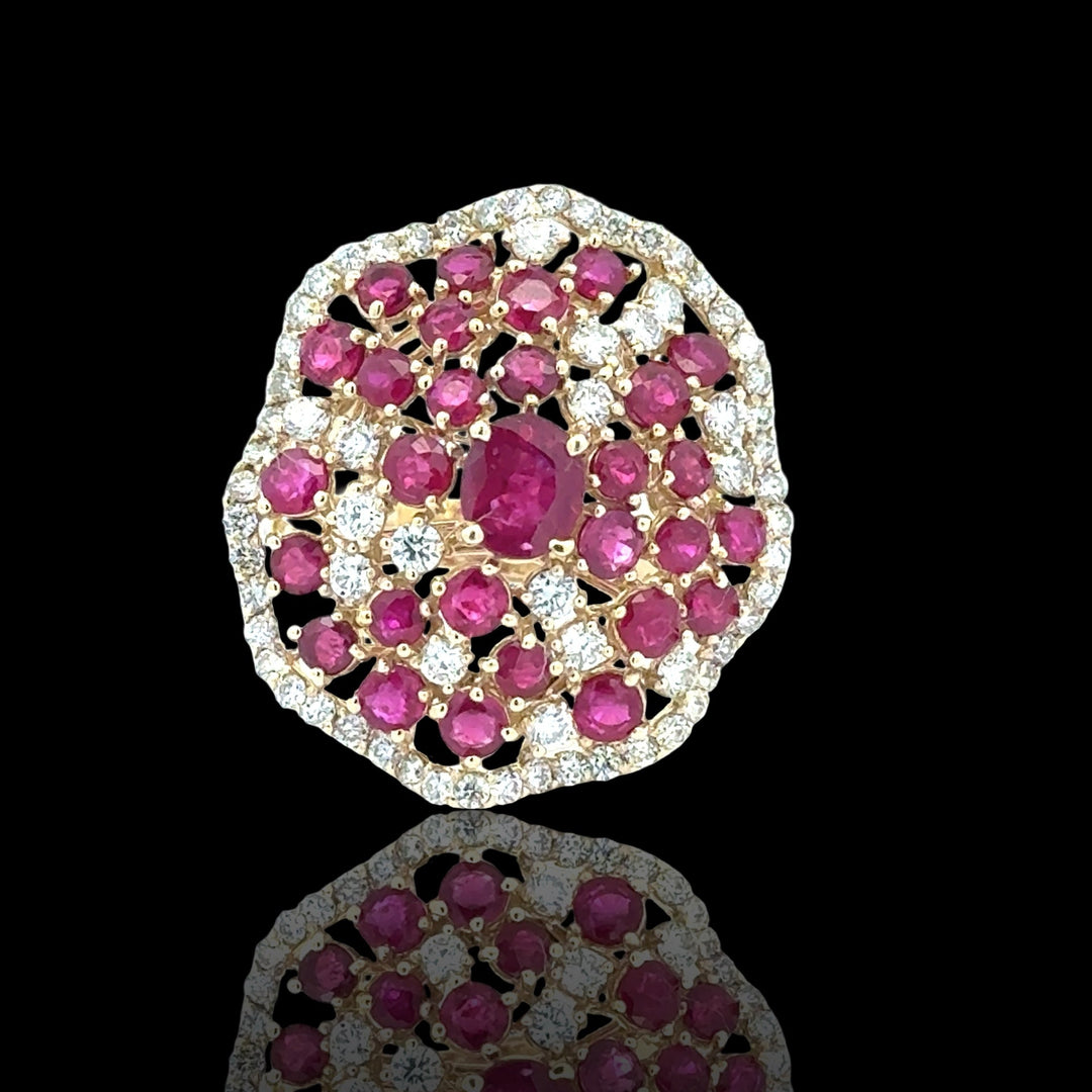 Fine Ruby Diamond Cluster 14K Yellow Gold Ring