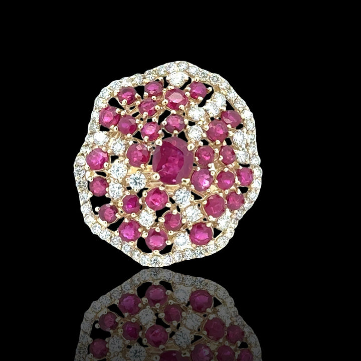 Fine Ruby Diamond Cluster 14K Yellow Gold Ring
