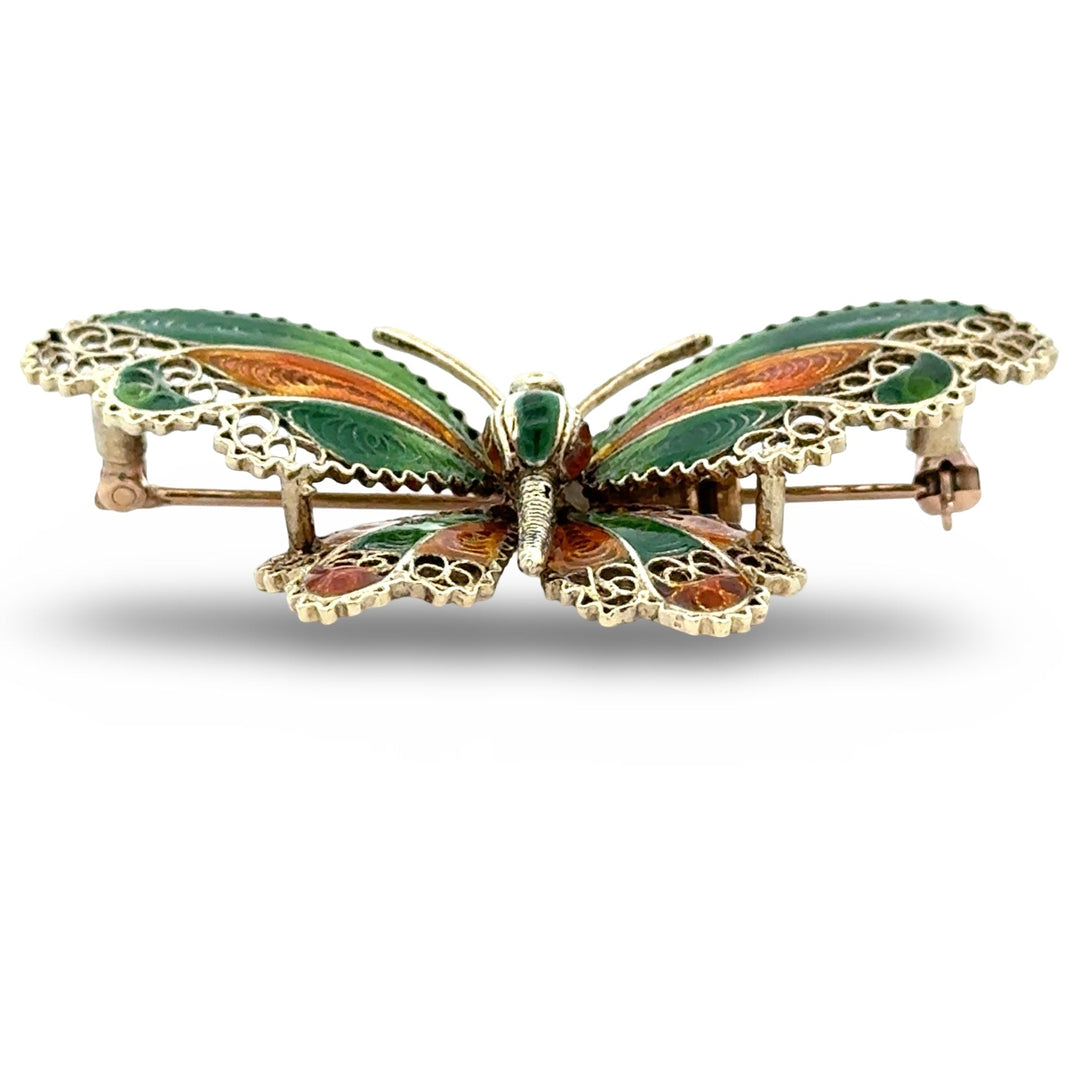 Plique A Jour Green and Orange Enamel 14K Yellow Gold Butterfly Brooch