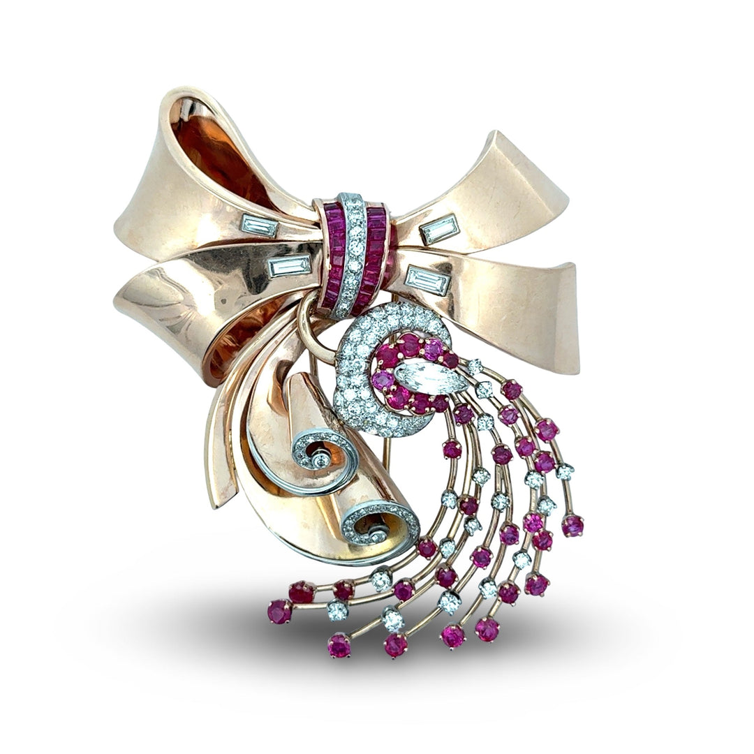 Retro 1940's Diamond, Ruby and 14k Rose Gold Pendant/Brooch