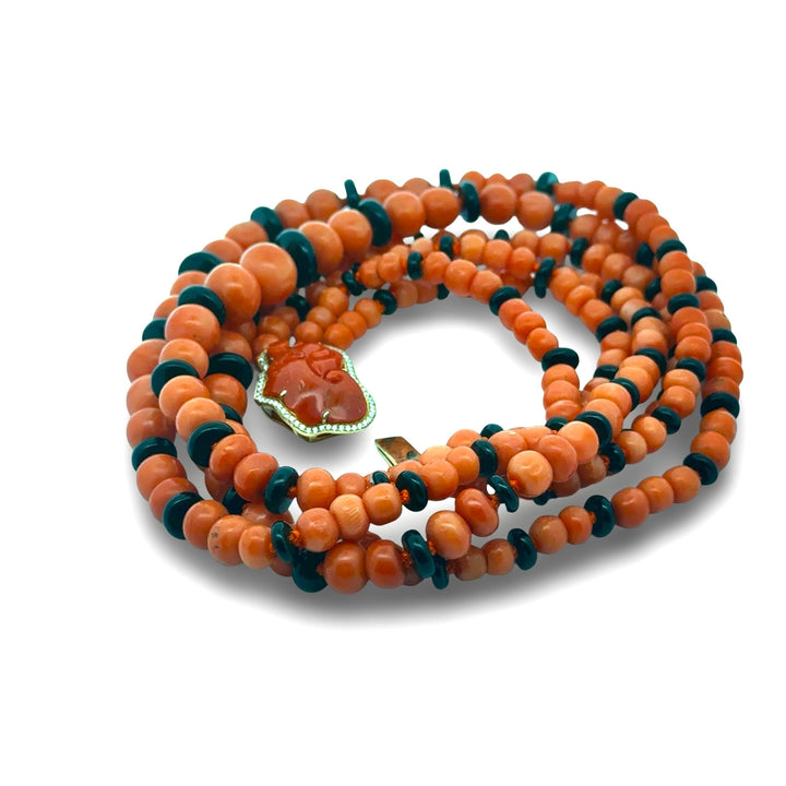 Italy Diamond, Coral and Onyx 18K Yellow Gold 3 Row Necklace