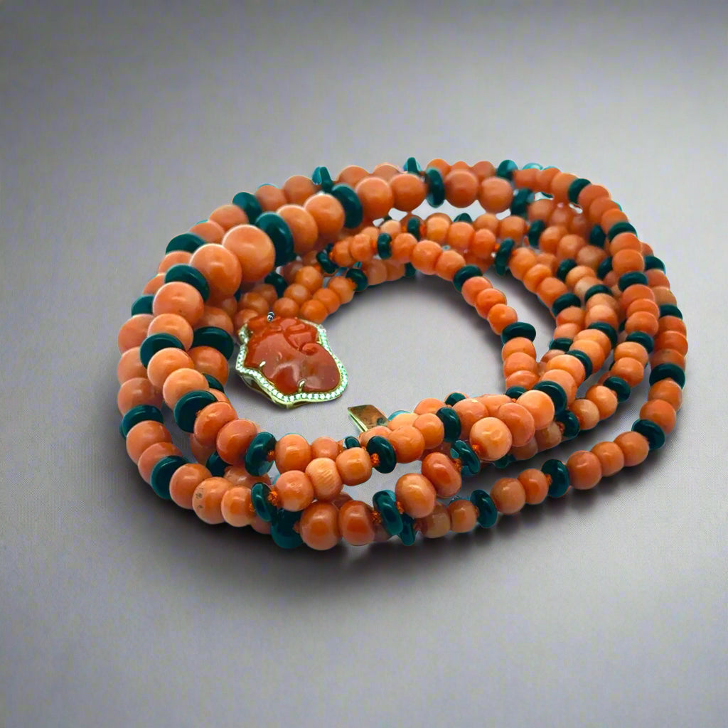 Italy Diamond, Coral and Onyx 18K Yellow Gold 3 Row Necklace