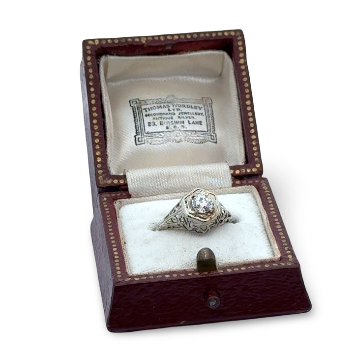 Art Deco .46ct. Old European Cut Diamond Filigree 14k White Gold Ring