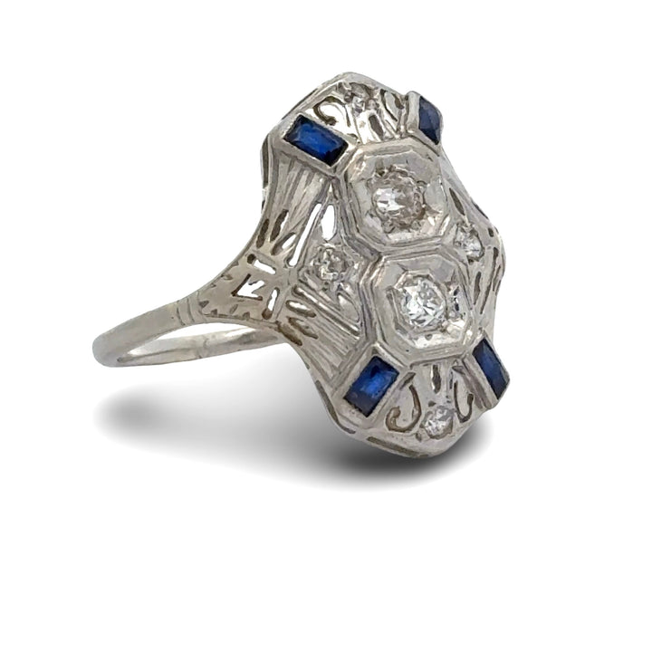 Art Deco Old European Cut Diamond and Sapphire Filigree 18k White Gold Ring
