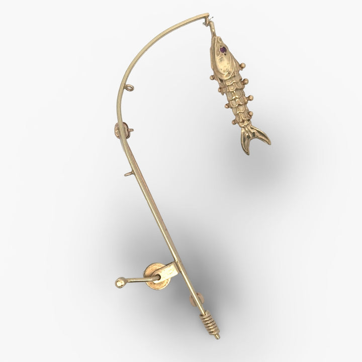 THe Wicked Tuna Fisherman Captain 14k Yellow Gold Articulating Fishing Pole and Reel Brooch