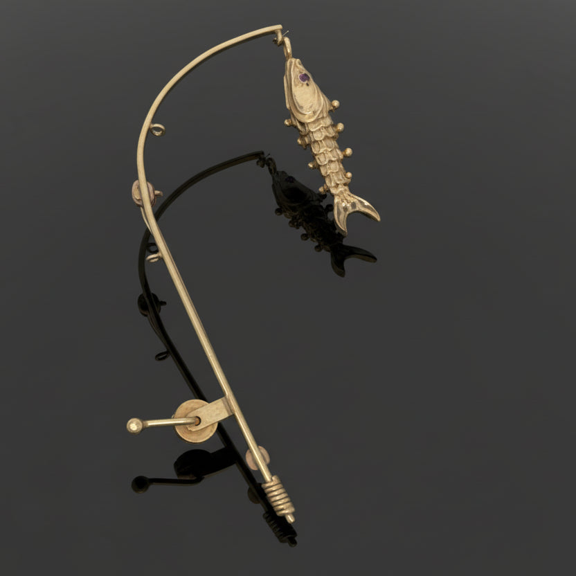 THe Wicked Tuna Fisherman Captain 14k Yellow Gold Articulating Fishing Pole and Reel Brooch