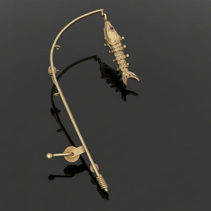 THe Wicked Tuna Fisherman Captain 14k Yellow Gold Articulating Fishing Pole and Reel Brooch