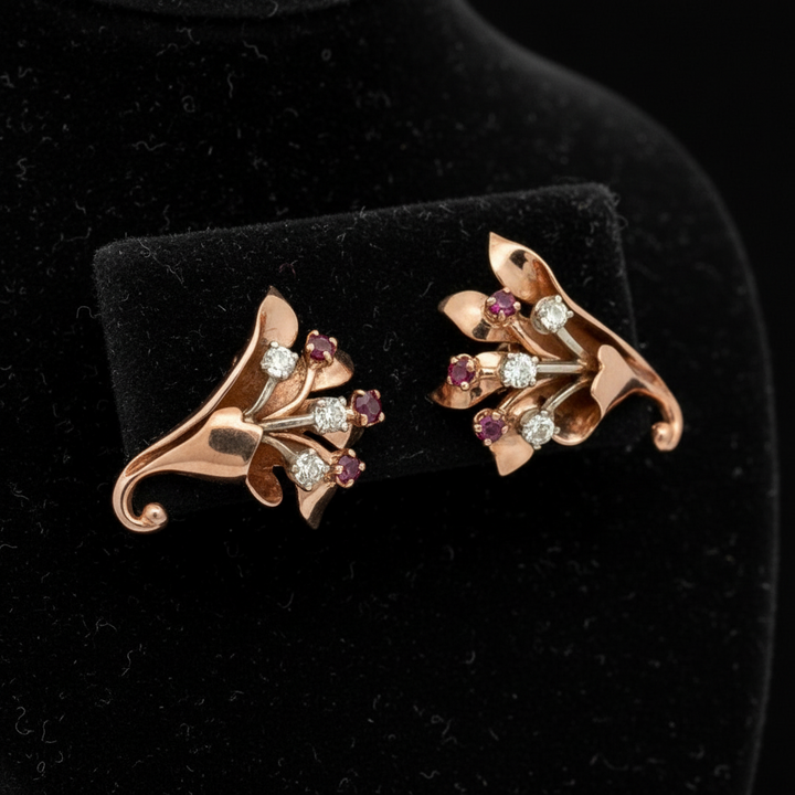 1940's Retro Diamond and Ruby 14k Rose & White Gold Earring
