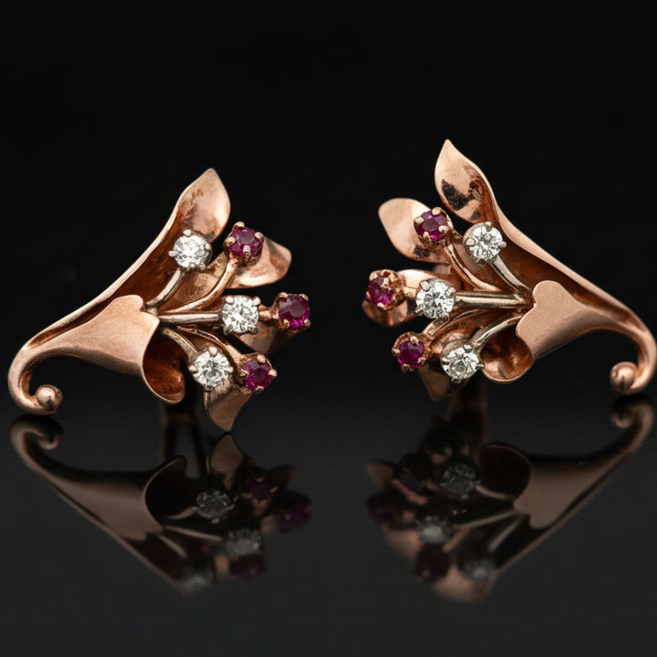1940's Retro Diamond and Ruby 14k Rose & White Gold Earring