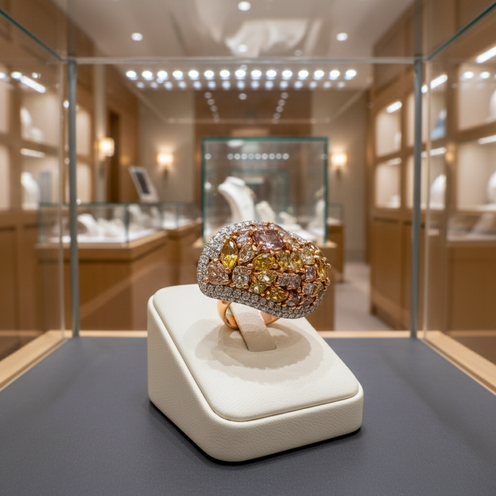 Modern Natural Fancy Yellow, Pink and White Diamond 18K White Gold Ring.