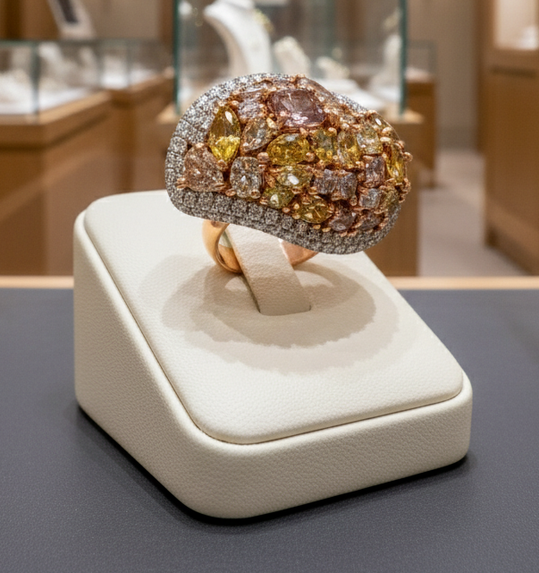 Modern Natural Fancy Yellow, Pink and White Diamond 18K White Gold Ring.