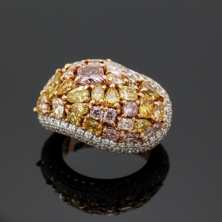 Modern Natural Fancy Yellow, Pink and White Diamond 18K White Gold Ring.