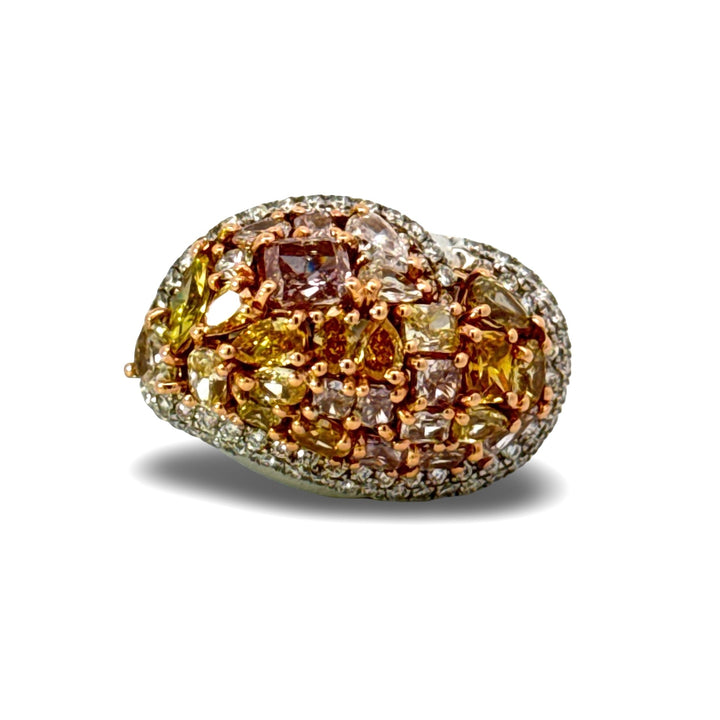 Modern Natural Fancy Yellow, Pink and White Diamond 18K White Gold Ring.