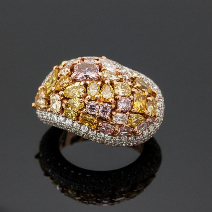 Modern Natural Fancy Yellow, Pink and White Diamond 18K White Gold Ring.