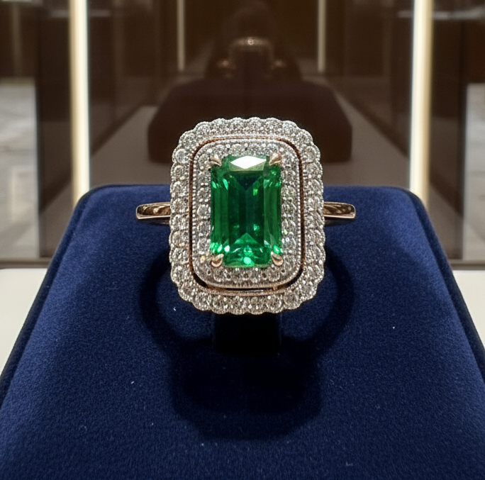 Modern Fine Emerald and Diamonds 14K Yellow/White Gold Ring
