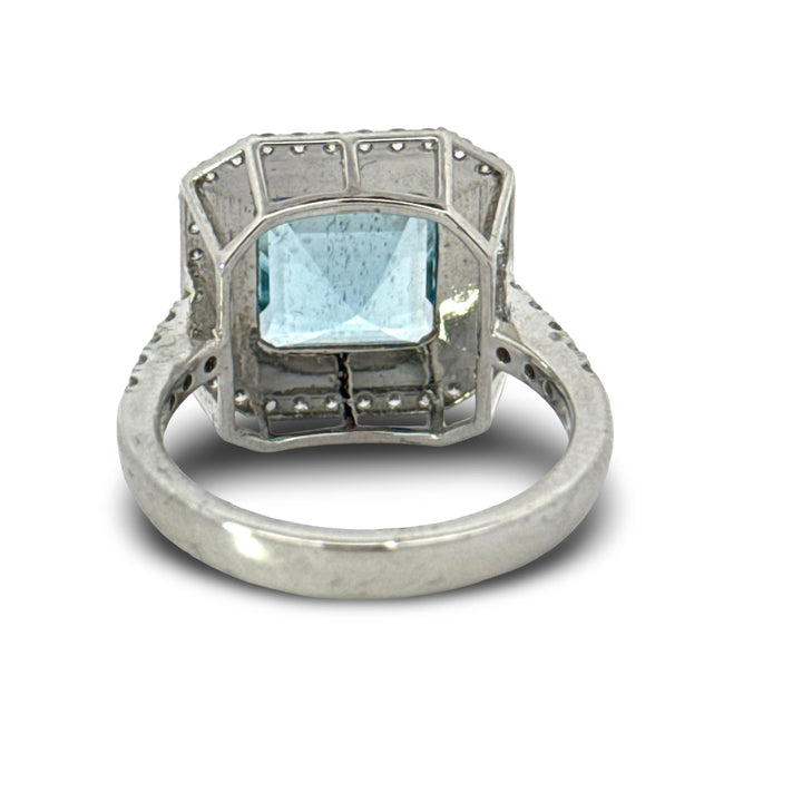 Modern Aquamarine, Diamond and Black Enamel 14K White Gold Ring