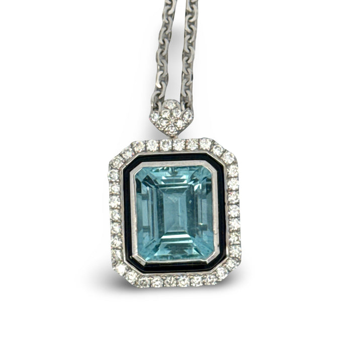 Modern Aquamarine, Diamond and Black Enamel 14K White Gold Necklace