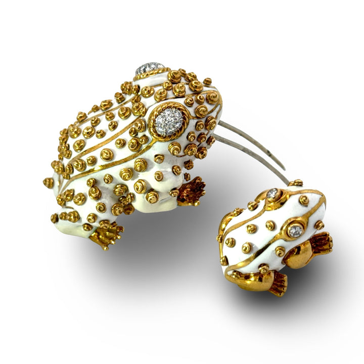 Estate David Webb 18KY White Enamel & Diamond Frog Brooch Set