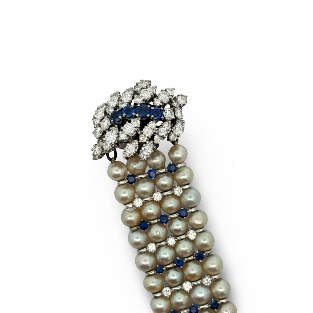 Modern 1960's Diamond, Sapphire and Cultured Pearl 14K White Gold Bracelet