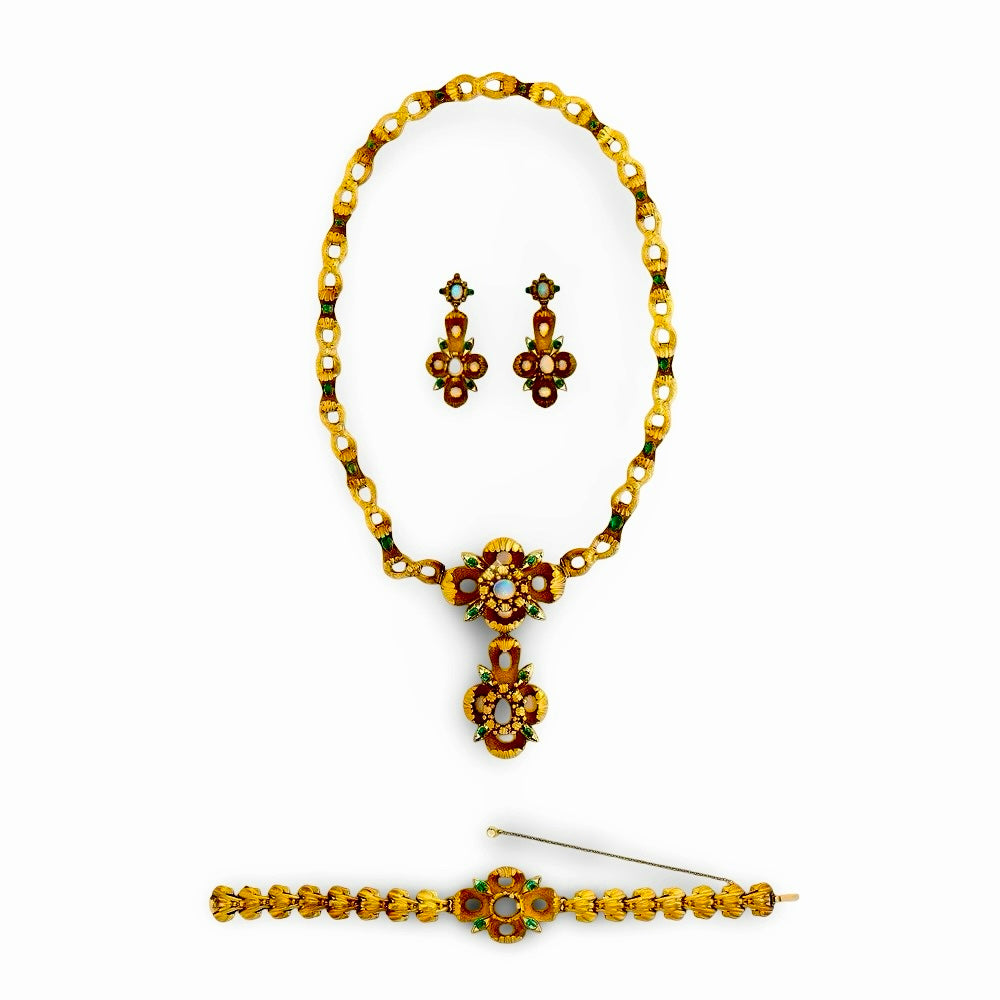Victorian 1880's Emerald, Opal Suite in Original Box - Necklace, Pendant, Bracelet and Earrings 14Kt Yellow Gold