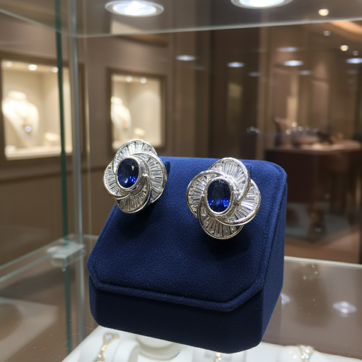Modern 1970's No Heat Fine Sapphire and Diamond Platinum Earrings