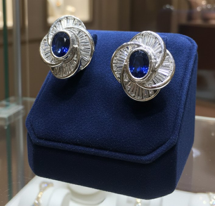 Modern 1970's No Heat Fine Sapphire and Diamond Platinum Earrings