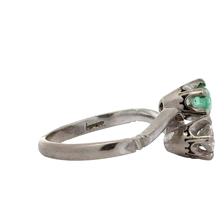 Retro Diamond and Emerald Bypass Platinum Ring