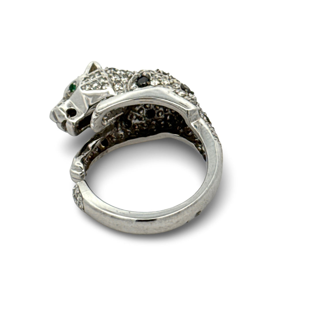 Effy White and Black Diamond, Emerald and 14K White Gold Panther Ring