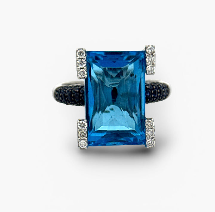 Effy Blue Topaz, Black Diamond and 18K White Gold Ring