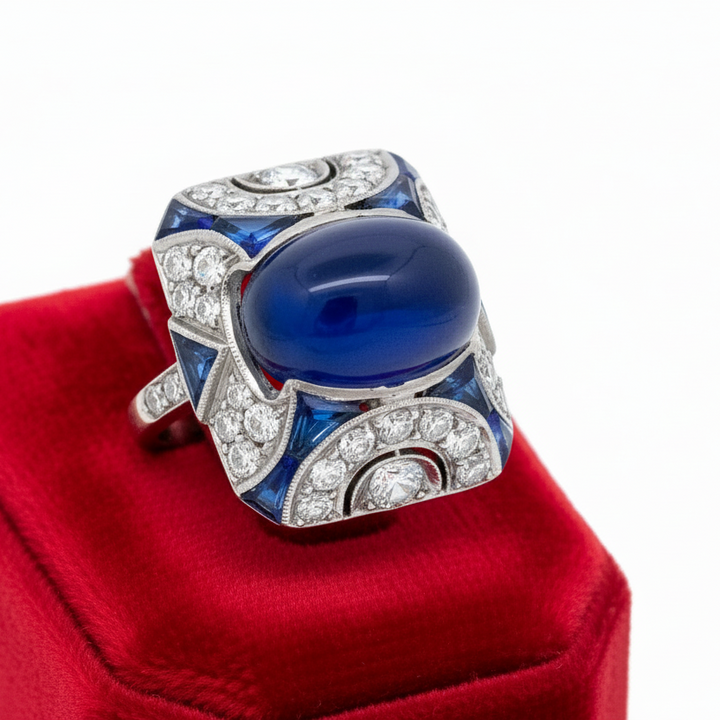 Art Deco 5.30 ct No Heat Sapphire (GIA), Diamond and Platinum Ring