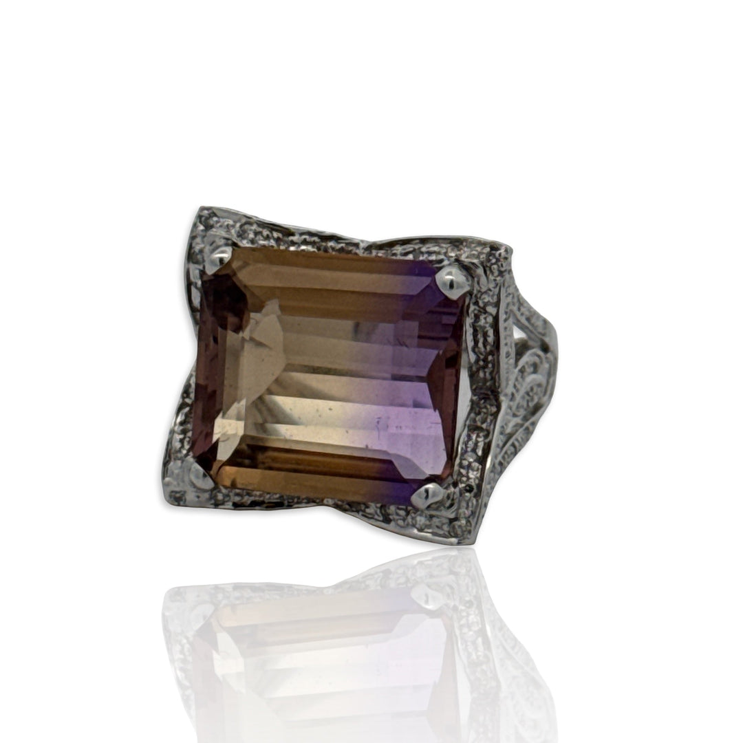 Emerald Cut Ametrine, Diamond and 18K White Gold Statement Ring