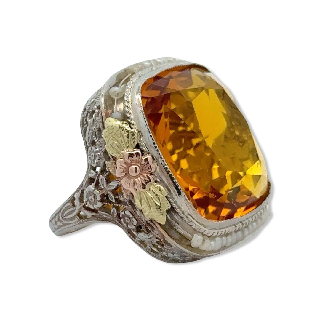 Citrine and Pearl Filigree 14K Tri Color Gold Ring