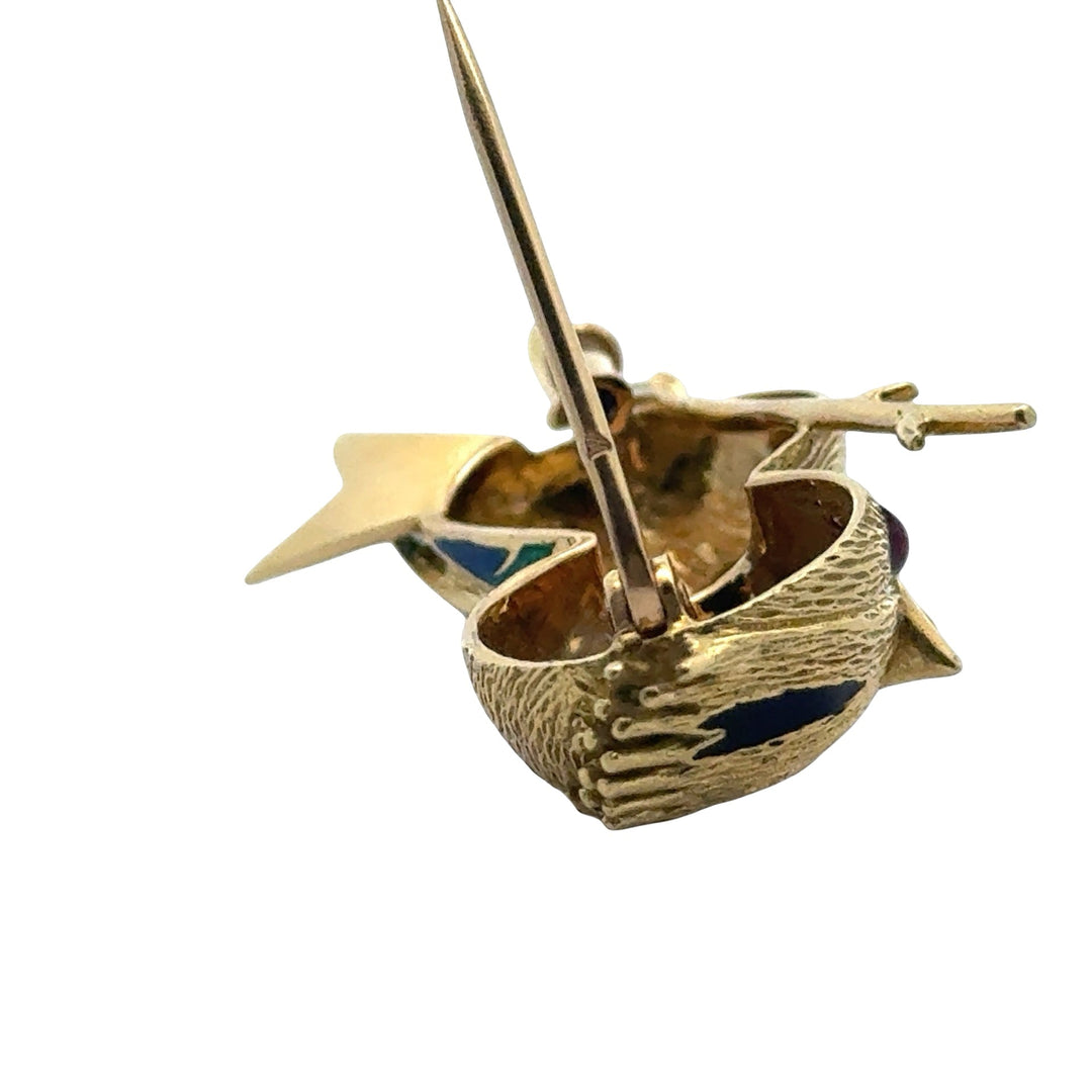 Osprey  "Crowned Bird On A Branch" garnet, green, red, black enamel 18K Yellow Gold Brooch/Pendant