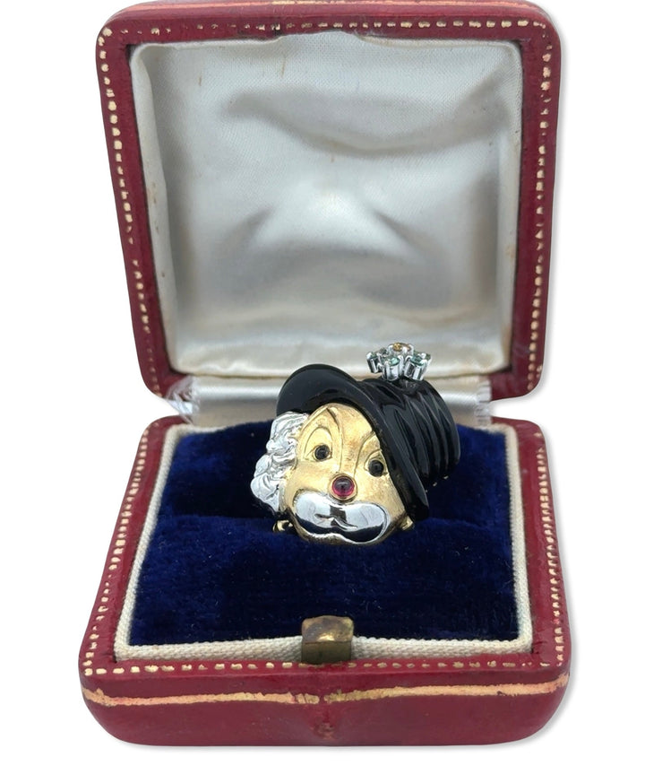 Clown Diamond, Onyx, Ruby 14K Yellow and White Gold Pendant Brooch