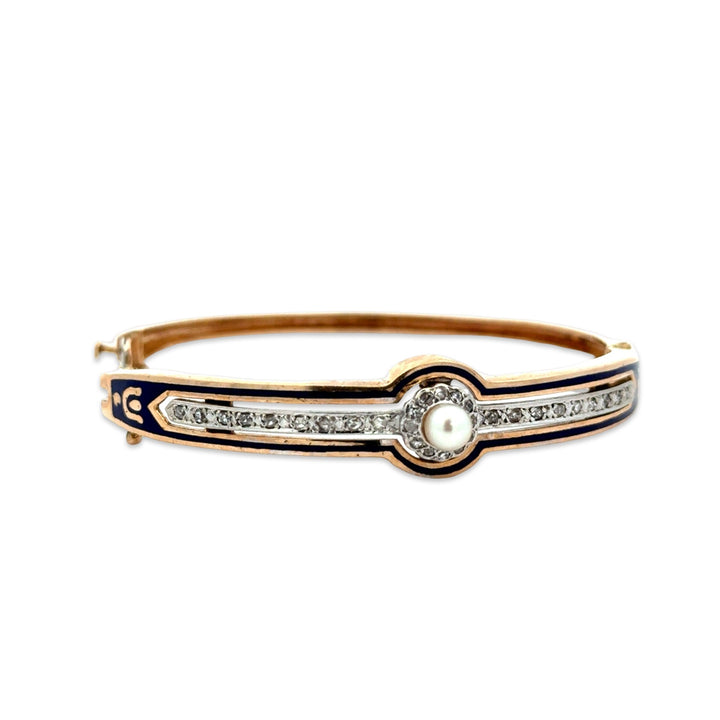 Victorian Diamond, Pearl and Blue Enamel 14K Yellow Gold Bangle