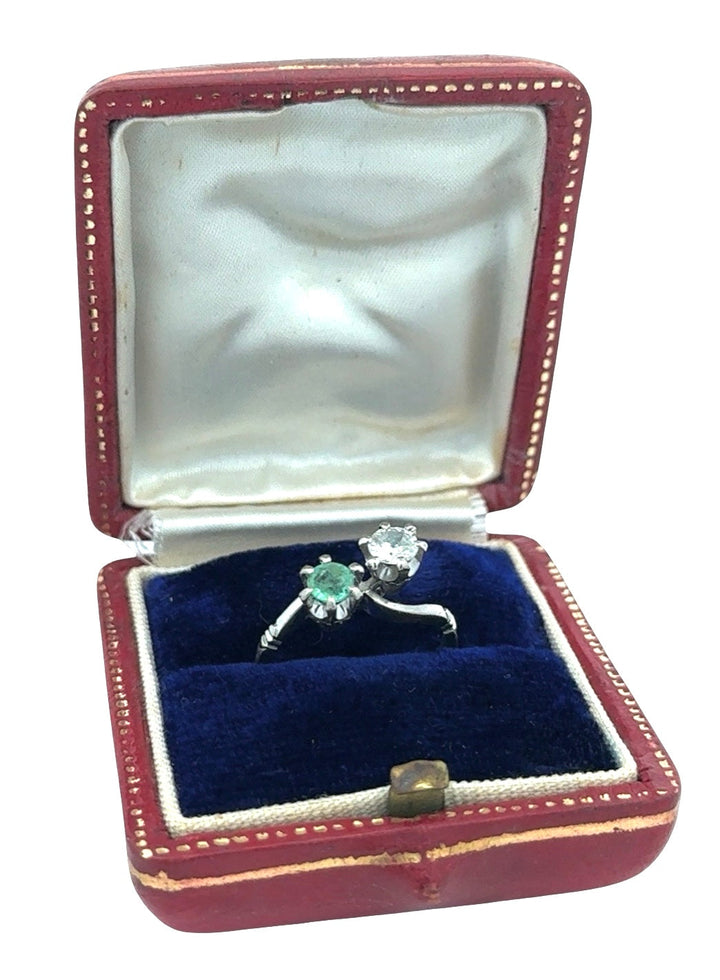 Retro Diamond and Emerald Bypass Platinum Ring
