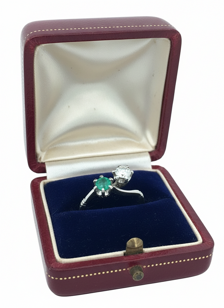 Retro Diamond and Emerald Bypass Platinum Ring