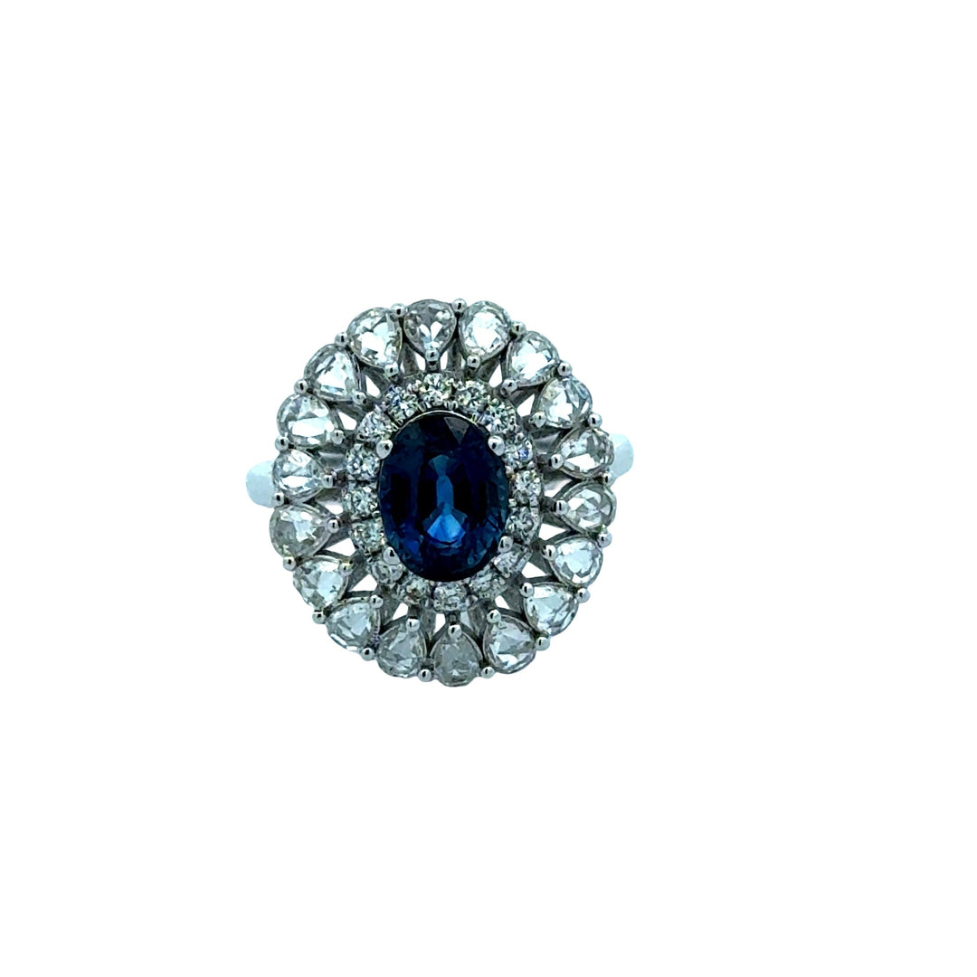 Oval Sapphire and Rose Cut Diamond 18K White Gold Ring