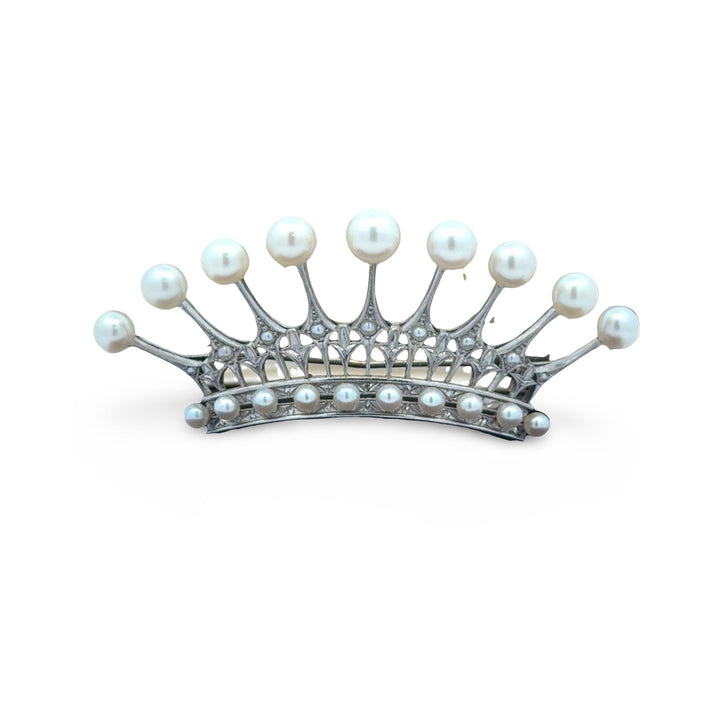 Designer Mikimoto Cultured Pearl and Platinum Crown Brooch