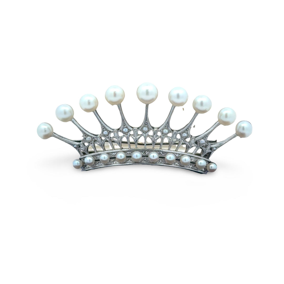 Designer Mikimoto Cultured Pearl and Platinum Crown Brooch